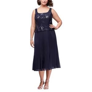 Alex Evenings Blue Cocktail Dress Sequin Chiffon Sleeveless A-Line Midi Size 24W